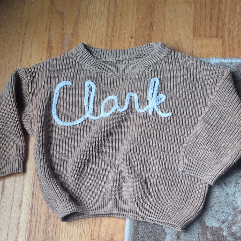 Brown Knit Sweater with White "CLARK" Script